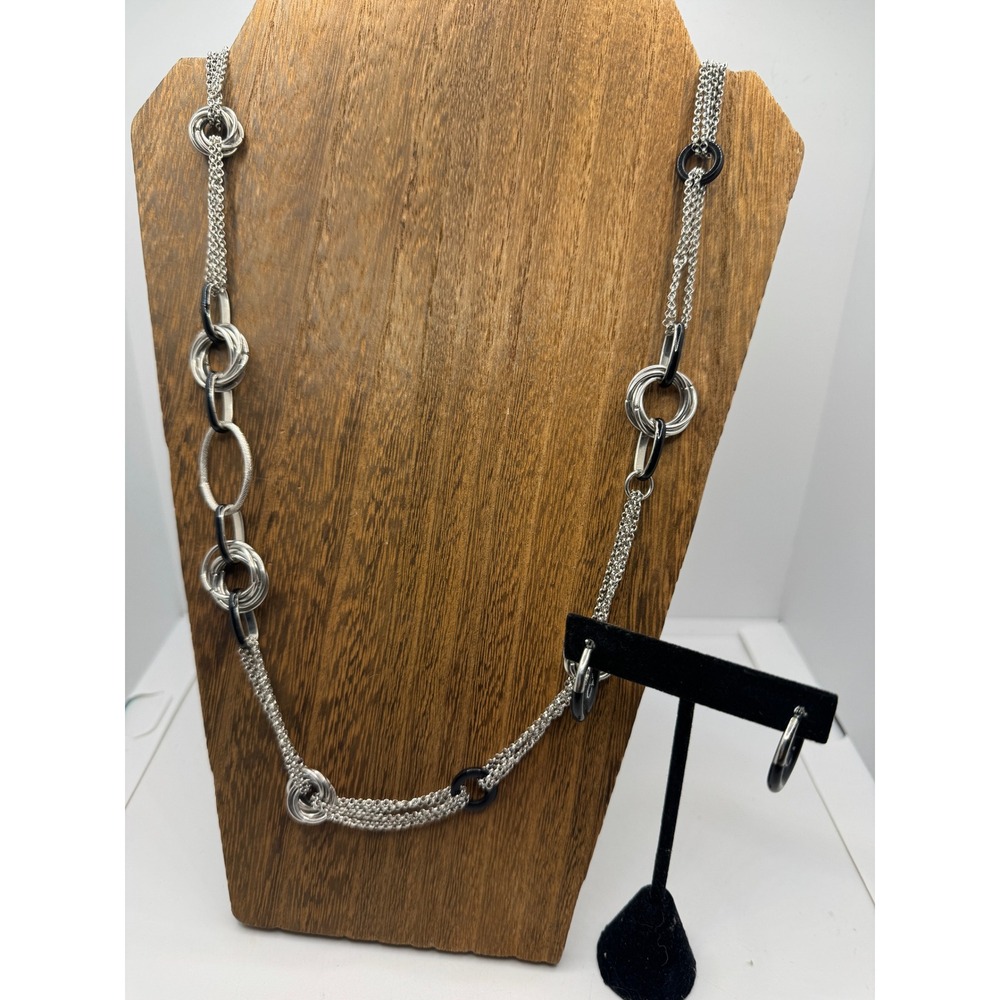 Daisy Fuentes Silver Tone Black Enamel Multi Strand Necklace & Hoop Earrings Set